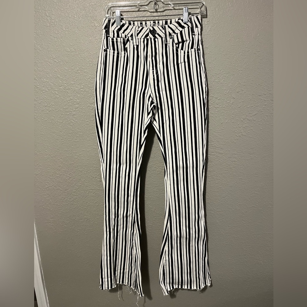 Long Black & White Striped Flare Jeans